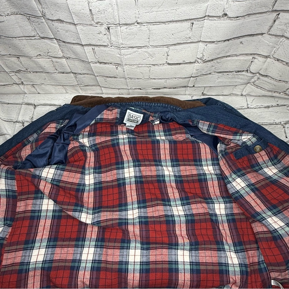 Vintage Basic Editions Denim Chore Coat Barn Jacket 2X Plaid Lined Corduroy Trim - Picture 8 of 10